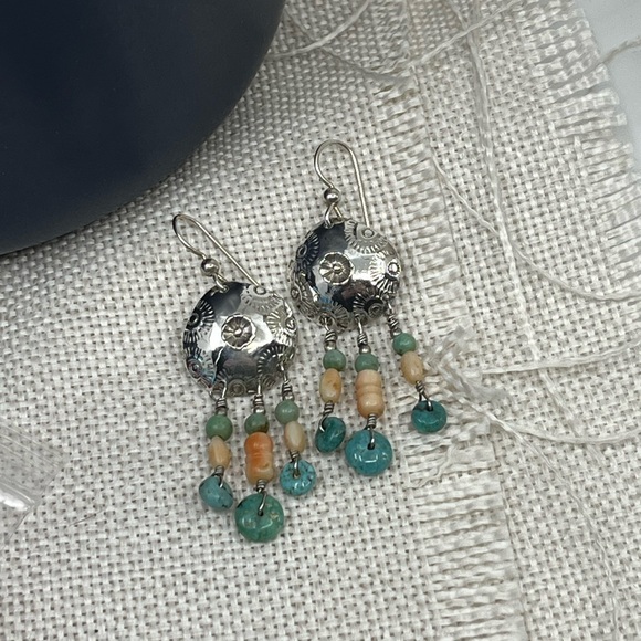 90's Handmade Sterling Silver Shell & Floral Dangle Earrings with Turquoise - Picture 10 of 15